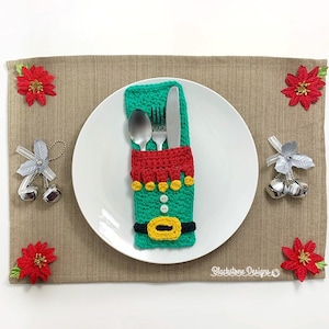 Crochet Pouch Pattern, Elf Belly Flatware Holder, Christmas Dinner, Xmas, Elves, Cutlery, Silverware, Utensils, Pocket, Pouch