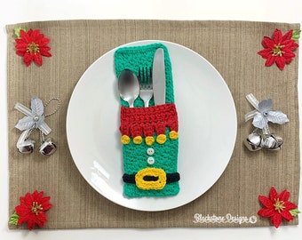 Crochet Pouch Pattern, Elf Belly Flatware Holder, Christmas Dinner, Xmas, Elves, Cutlery, Silverware, Utensils, Pocket, Pouch