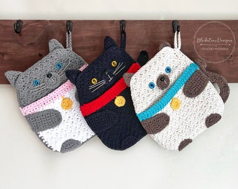 Crochet Pot Holder Pattern, Kitty Cat Pot Holder, crochet hot pad pattern, crochet pot holder with pocket, cat pot holder, crochet cats