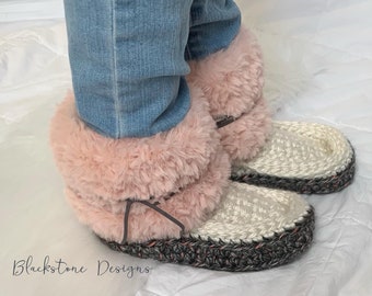 Crochet Slippers Pattern, Snowshoe Slippers CHILD size slippers with fur cuff, crochet slippers pattern for children