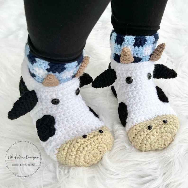 Crochet Slippers Pattern for Cow Slippers ADULT size, Crochet Cow Patterns, Adult Slippers Crochet Pattern image 1