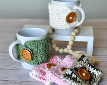 Mug Cozy Crochet Pattern, Insulated Cup Sleeve, Spike Stitch Wrap with Large Button Detail (PDF Download)