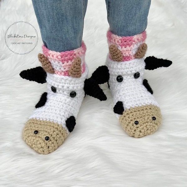 Crochet Slippers Pattern for Cow Slippers CHILD sizes, Crochet Cow Pattern, Cow Slippers Girls, Cow Slippers Boys