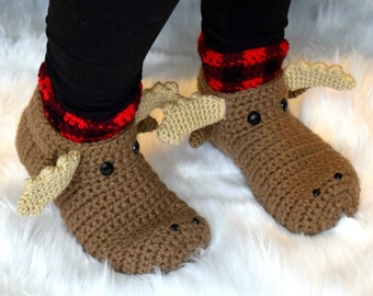 Crochet Slippers Pattern for Moose Slippers ADULT size, Crochet Moose Pattern, Crochet Buffalo Plaid Pattern, Crochet Slippers for Adults