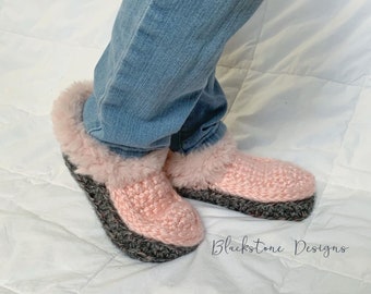 Crochet Slippers Pattern for Fireside Moccasins CHILD size slippers with fur cuff ankle, crochet slippers pattern for children