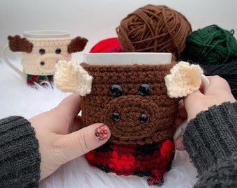 Crochet Cup Cozy Pattern, Moose Mug Cozy,  Crochet Moose Pattern, Crochet Coffee Cozy, Crochet Mug Wrap, Crochet Coffee Sleeve