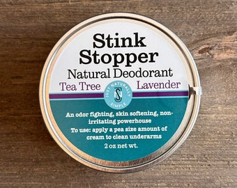 New size! Natural Deodorant Cream - Stink Stopper Tea Tree + Lavender - Aluminum Free, Non Irritating, Organic Ingredients