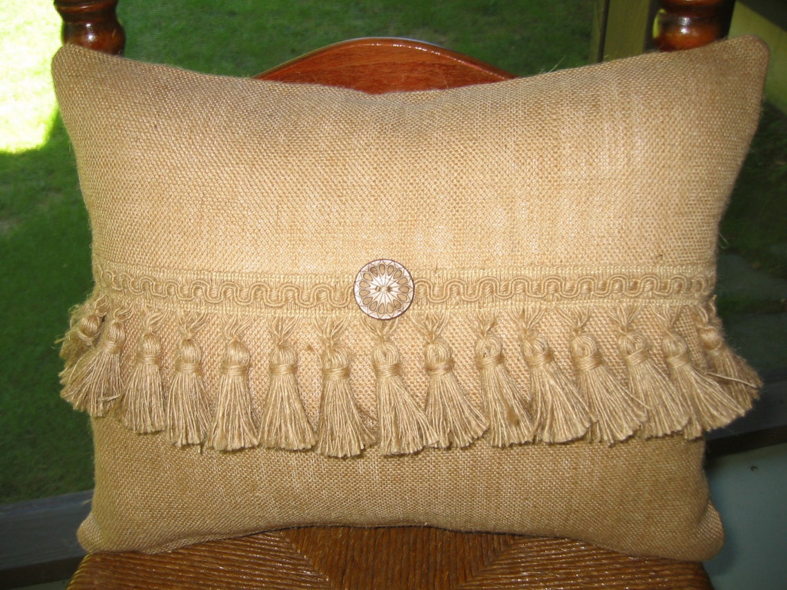 Tassel Fringed Burlap Lumber / Bolster Pillow Cover Etsy