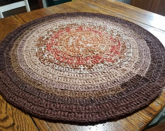 Hand Crocheted Rag Rug, Mis Matched Brown Pattern