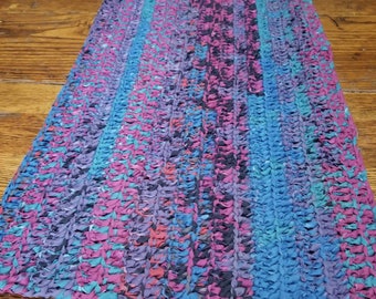 Hand Crocheted Rag Rug   Blue, Black Rectangle