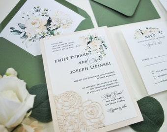 Sage Green Wedding Invitation, Laser Cut Wedding Invitation, Botanical, Eucalyptus, Leaves, Blush, Floral Invitation, Custom Colors/wording