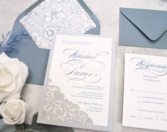 Dusty Blue Laser Cut Wedding Invitation, Laser Cut Invitation, Slate Blue Steel Blue Wedding, Dusty Blue Invitations, Navy,Dusty Blue Invite