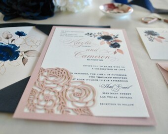 Modern Elegant Lace Invite Gatefold Doiley Laser Cut Wedding Invitation Customize Personalised Invite Dusty Pink /& Grey
