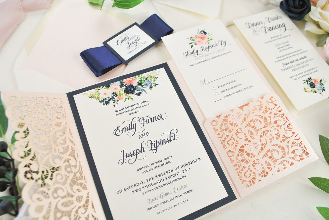 Blush Navy Blue Wedding Invitation, Laser Cut Pocket Wedding Invitation