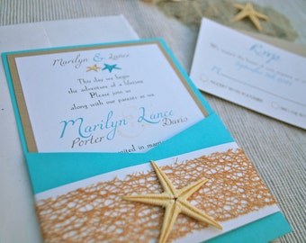 Turquoise Beach Wedding Invitation, Coral, Destination Wedding, Kraft, Nautical Invitation, Beach Theme, Starfish, Blue, Mint, Custom colors