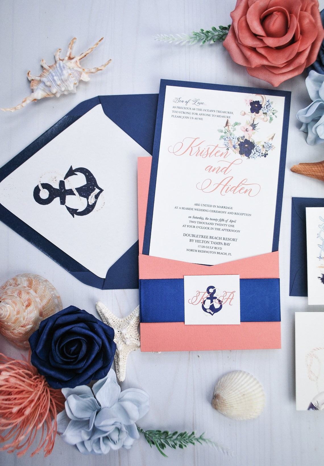 Coral Wedding Invitation Navy Blue Royal Blue Marine Bluel Etsy