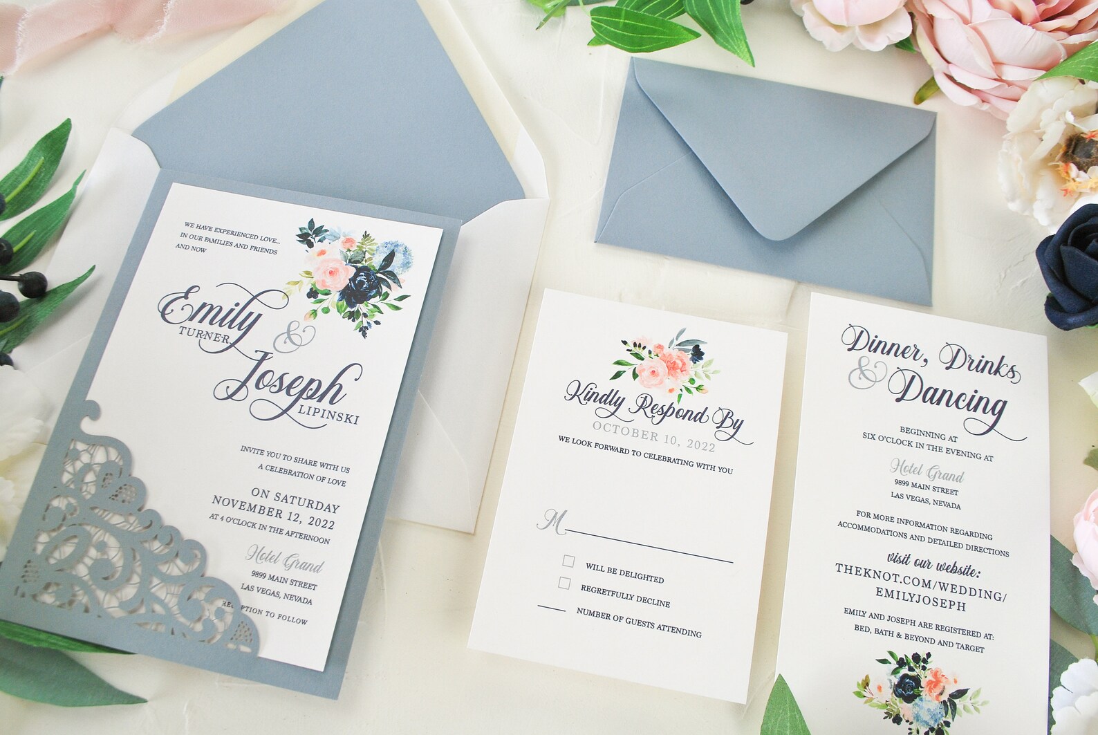 Dusty Blue Laser Cut Wedding Invitation Dusty Rose floral Etsy