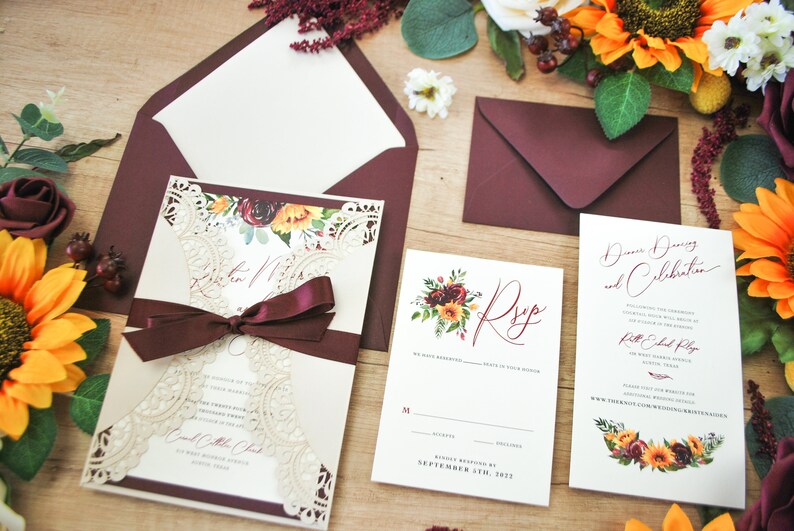 Sunflower Laser Cut Wedding Invitation Burgundy Invitation Sunflower Wedding Invitation Navy Blue Blue Watercolor Floral