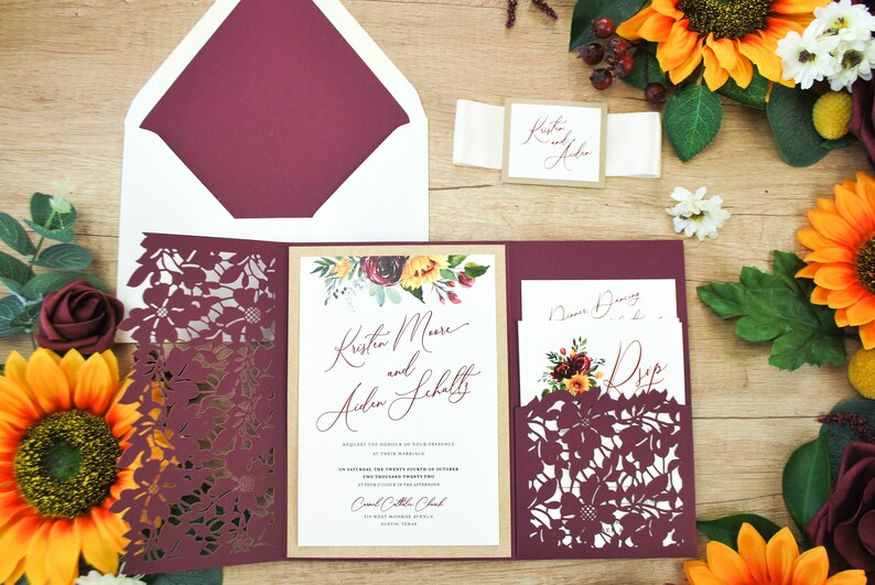 Sunflower Laser Cut Pocket Wedding Invitation Burgundy Invitation Floral Invitation Navy Blue Sunflower Wedding Invite Royal
