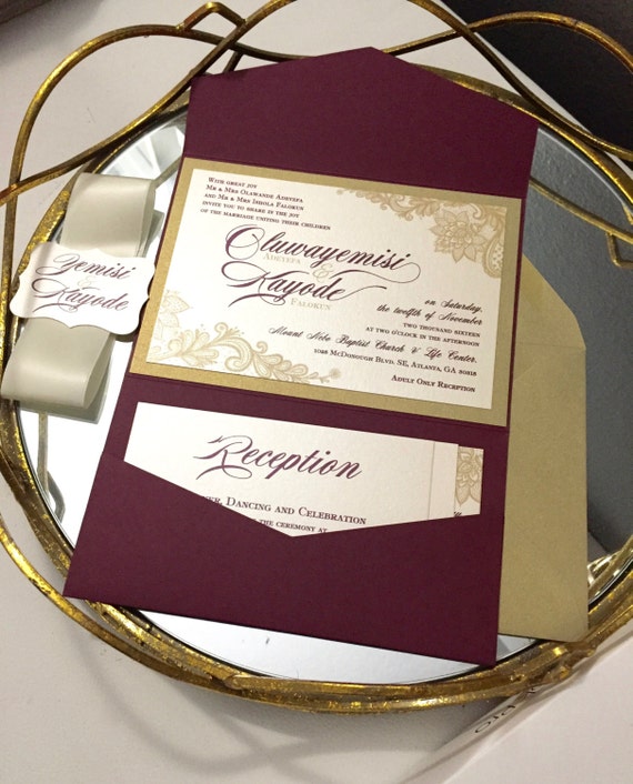 Gold and Burgundy Wedding Invitation Marsala Lace Pocket