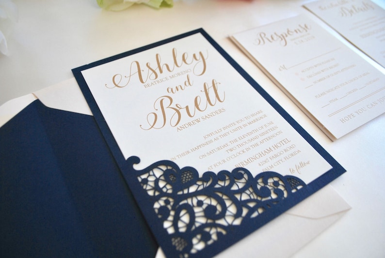 Navy Blue Blush Gold Wedding Invitation Lace Laser Cut - Etsy