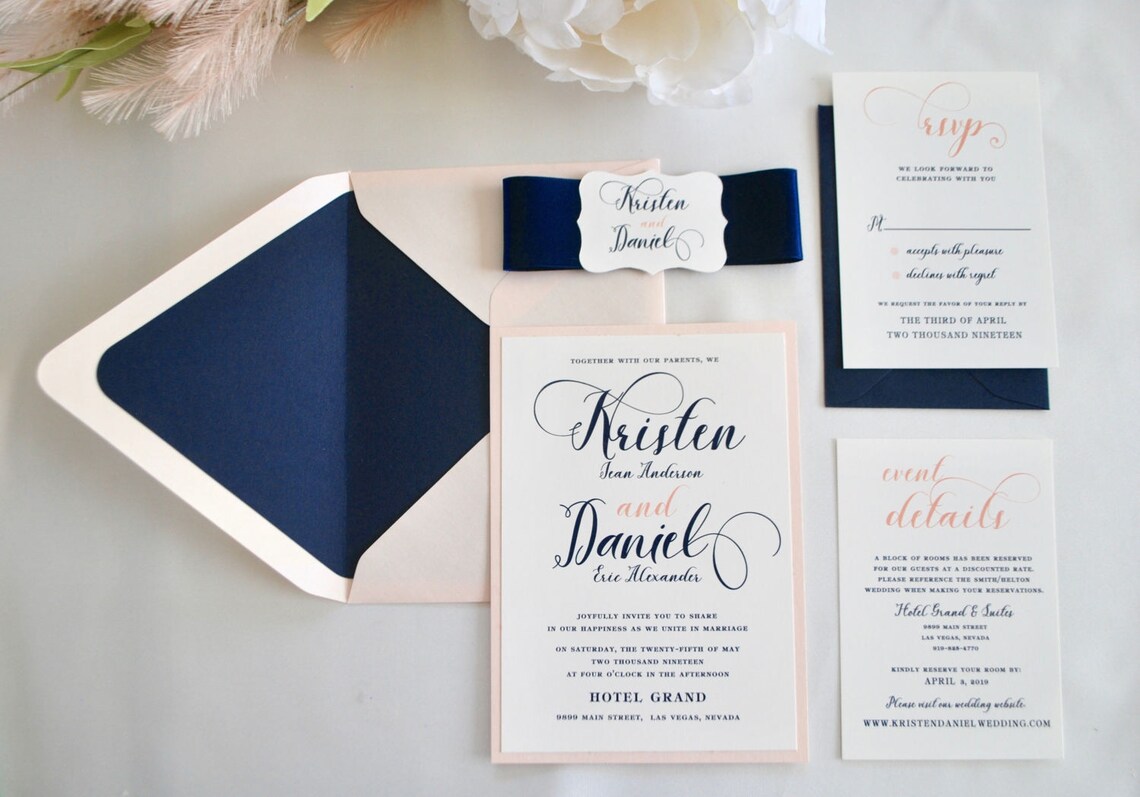 Navy Blue and Blush Wedding Invitation Midnight Blue Pink | Etsy