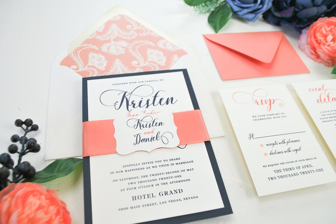 Navy Blue Coral Wedding Invitation Coral Wedding Invite Etsy