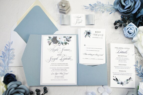Dusty Blue Navy Champagne Ivory Floral Wedding Wrapping Paper Sheets