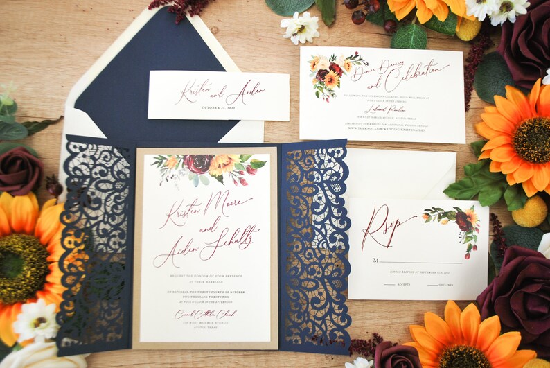 Sunflower Wedding Invitation Navy Blue Sunflower Wedding invitation Laser Cut Invite Burgundy Sunflower Sunflower Wedding