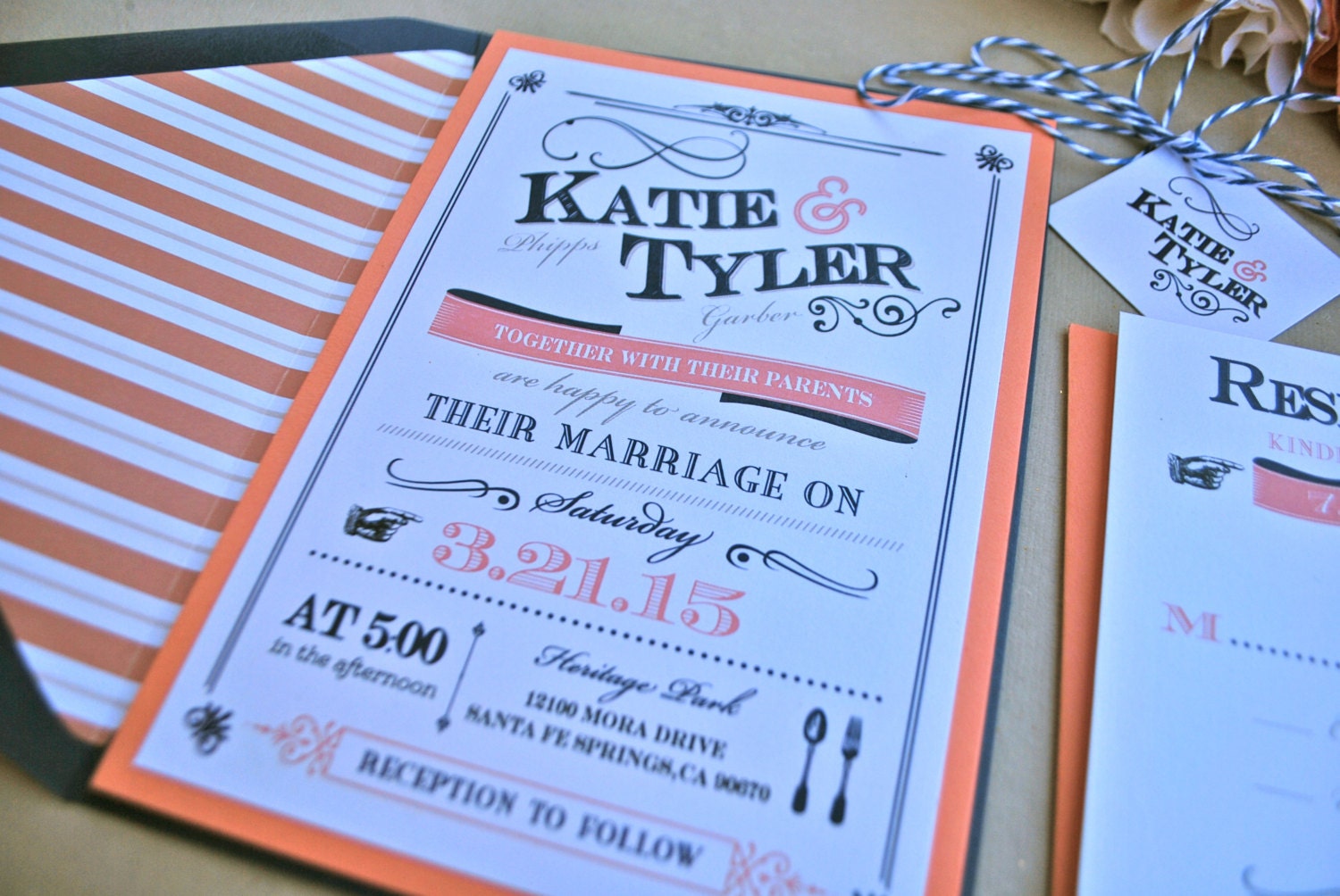 Navy Blue Coral Wedding Invitation Rustic Modern Wedding Etsy