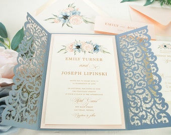 Dusty Blue Laser Gate Card, Dusty Blue DIY, Dusty Blue Invitation, Coral Invitation, Coral Laser Gate Card, Coral Wedding invitation DIY,