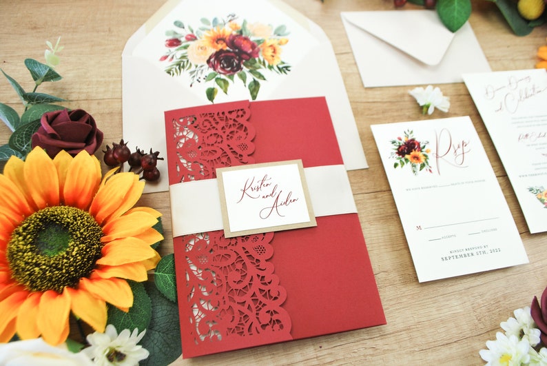 Sunflower Wedding Invitation Laser Cut Pocket wedding invitation pocket Invite Navy Blue Burgundy Scarlet Rustic Invite Kraft