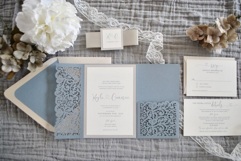 Dusty Blue Wedding Invitation Laser Cut Pocket Wedding Etsy Australia