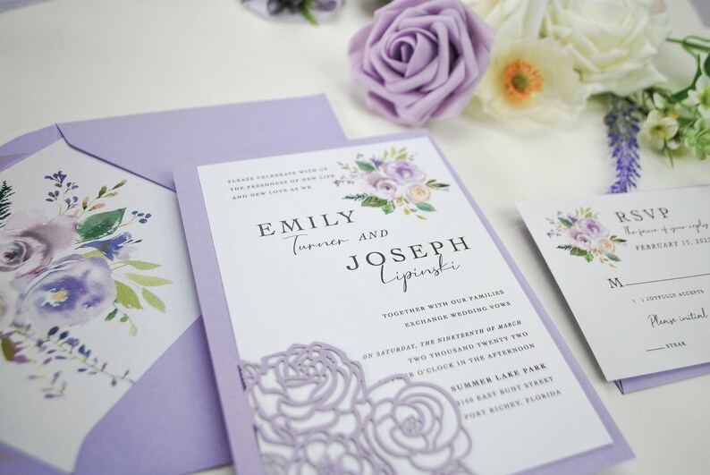 Lavender Wedding Invitation Laser Cut Amethyst Purple Lace Etsy
