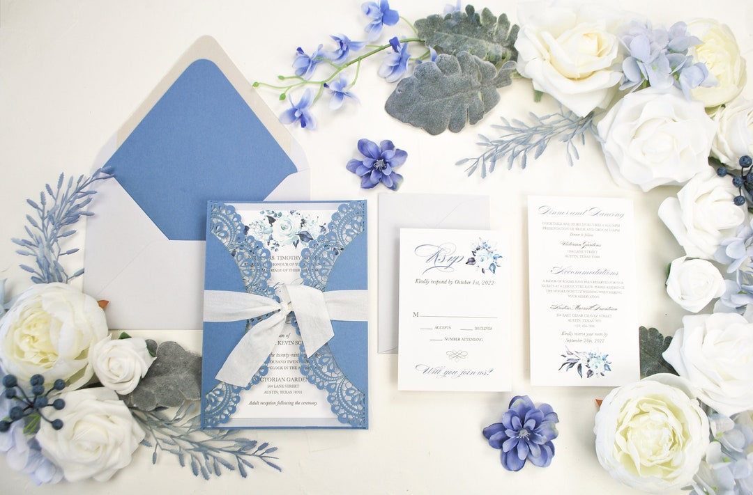 Dusty Blue Laser Cut Wedding Invitation, Slate Blue Wedding Invite