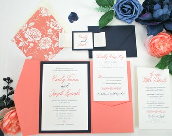 Navy Blue and Coral Wedding Invitation, pocket invitation, Coral, Beach Theme, Peach, Royal Blue Wedding, Dusty Blue Invite, Navy, Blue