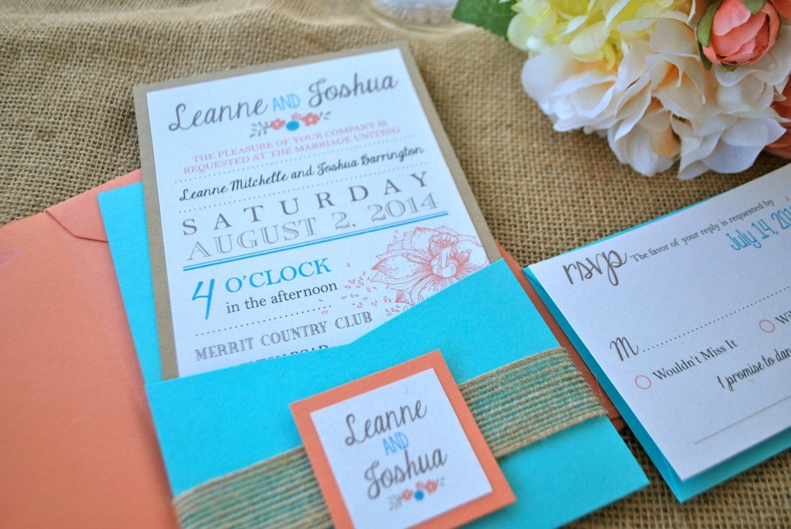 Coral Wedding Invitation Coral Turquoise Blue Rustic Pocket Etsy