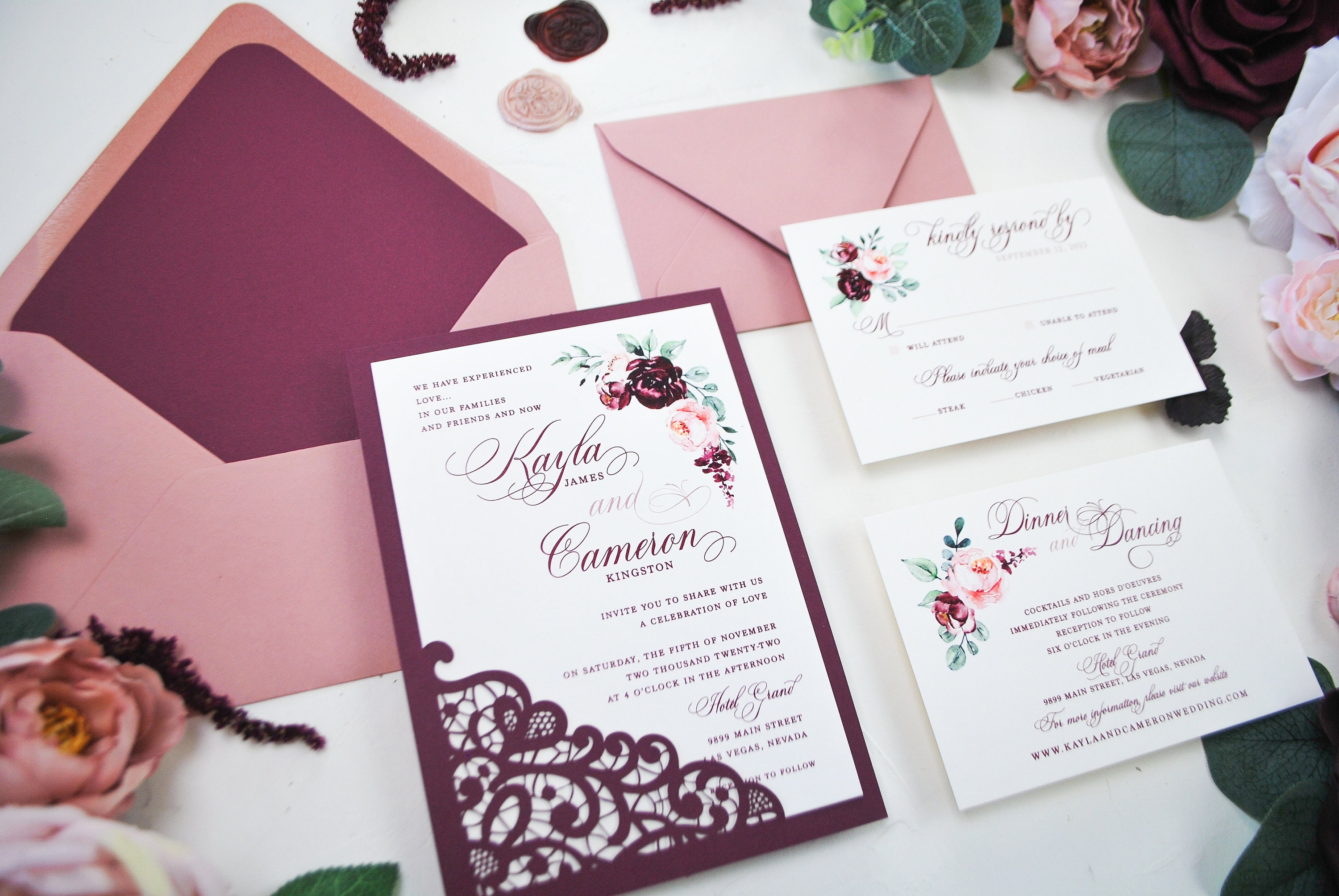 Dusty Rose Floral Wedding Invitation Envelope Liners - Cotton