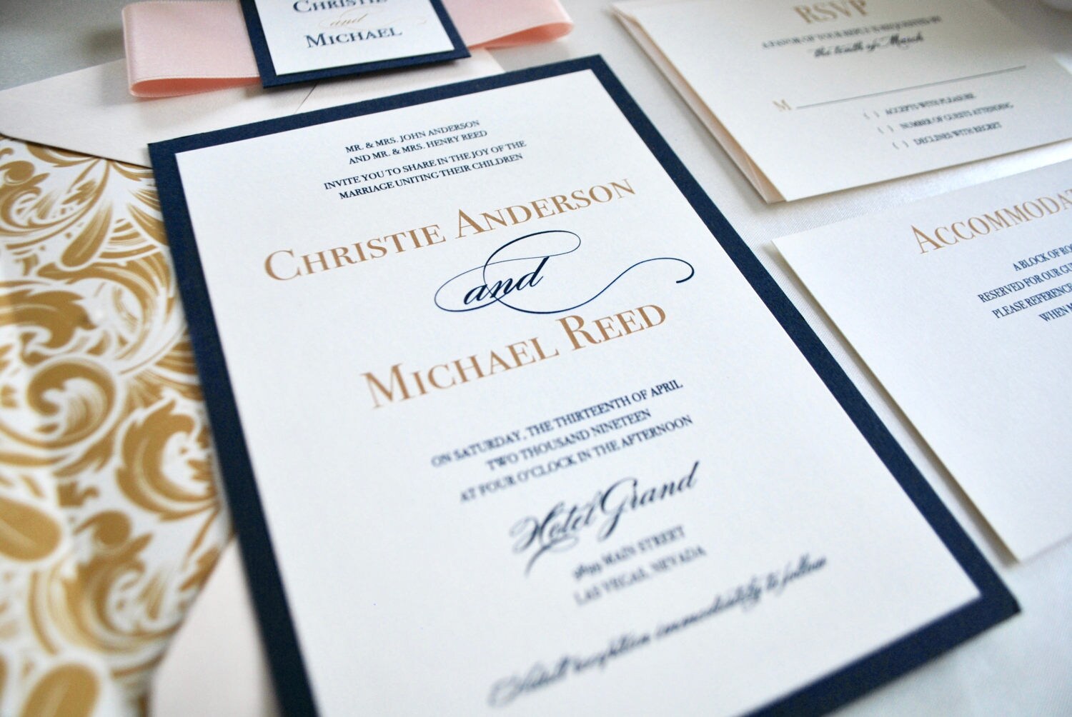 Navy Blue Gold wedding invitation Blush Navy Blue Wedding Etsy