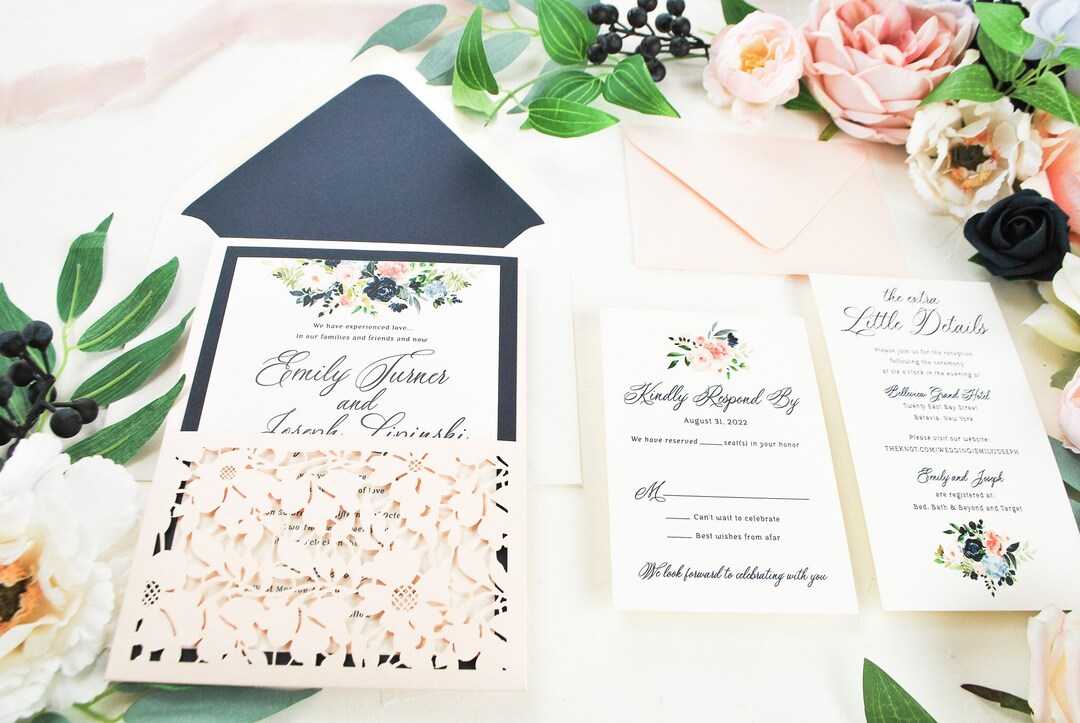 Blush Navy Blue Wedding Invitation, Laser Cut Pocket Invitation, Floral