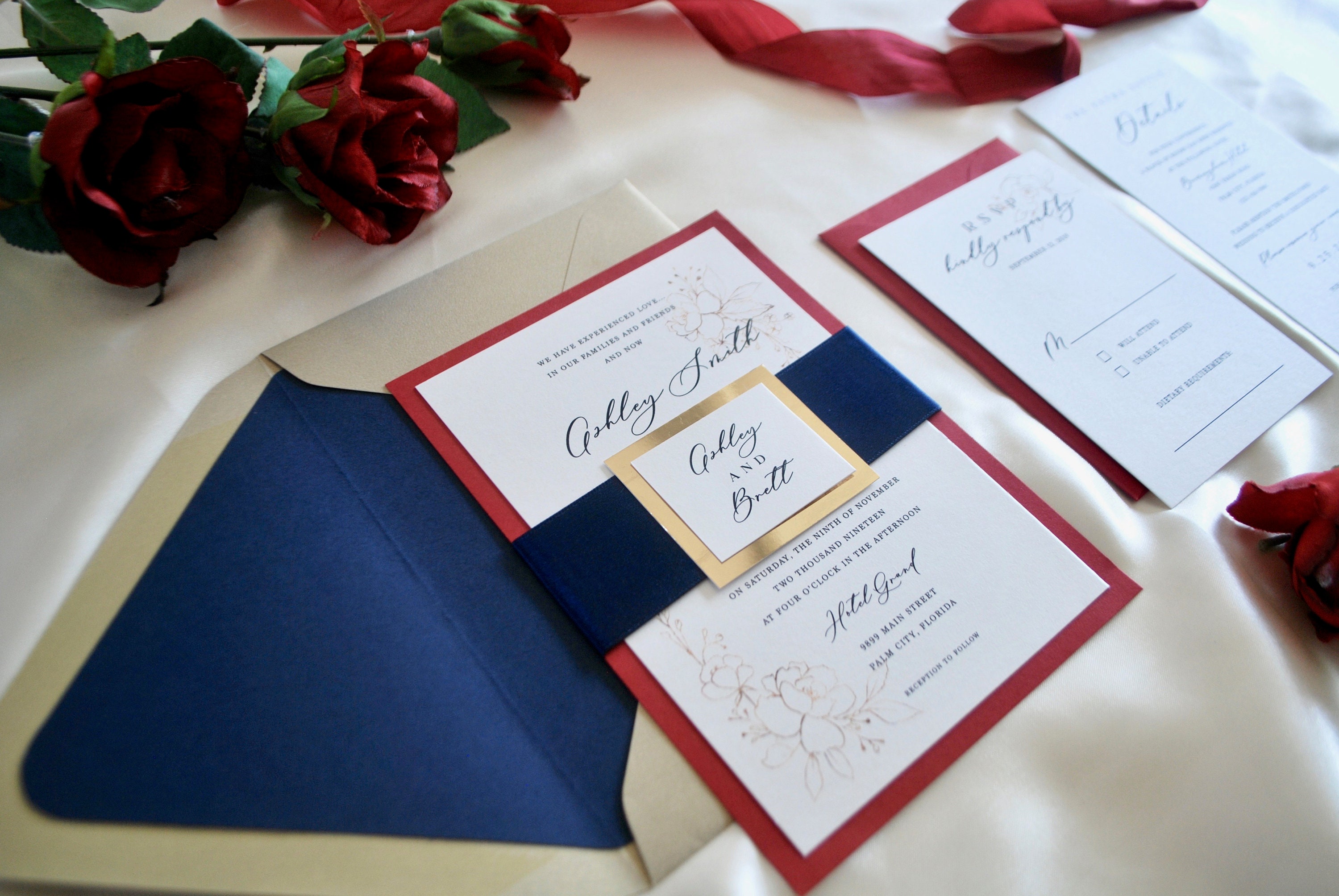 Navy Blue Burgundy Wedding Invitation Beauty and the Beast | Etsy