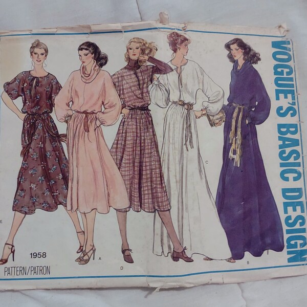Vogue Basic Design 1958 Dress Midi Maxi Dolman Sleeve Cowl Neck Flared Skirt Blouson 1970s Vintage Sewing Pattern Size 12