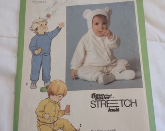 1980s Toddler Pants Pullover Top, Hood with Ears, or Unhooded Jacket Simplicity 9738 Vintage Sewing Pattern for stretch Size 1/2 - 1 - 2 cut