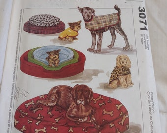 McCalls Crafts 3071 uncut vintage sewing pattern pet accessories dog coat, dog bed and bed cover sizes small medium and large EUC FF