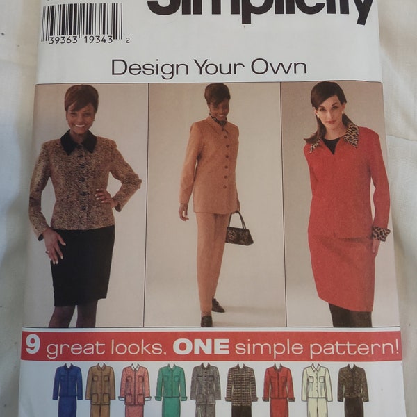 Vintage 90s Y2K Simplicity 7311 Sewing Pattern Design Your Own women suit jacket pants skirt patch pockets princess seams zip UC FF 12 14 16