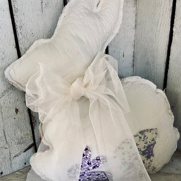 Large Vintage Quilted Rabbit Pillow w/Floral Flour Sac Vintage Fabric Embellished