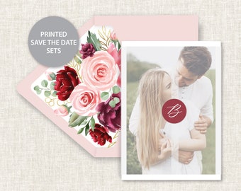 Printed Save The Dates, Fall Wedding Save The Dates, Vellum Wrap Blush Save The Dates, Photo Save The Dates, Burgundy Wedding Save The Dates