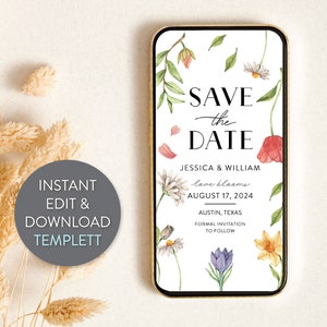 Electronic Save The Date Template, Wildflower Wedding Save The Date Digital, Save The Date Digital Download, Text Message Save The Date