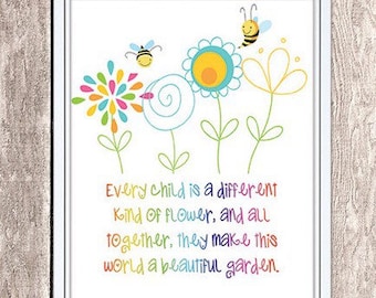 Jedes Kind ist eine andere Art von Blume - 8 x 10 digitale Aquarell Art Print - druckbares Dekor - Kinderzimmer Dekor - Kinderzimmer Kunst