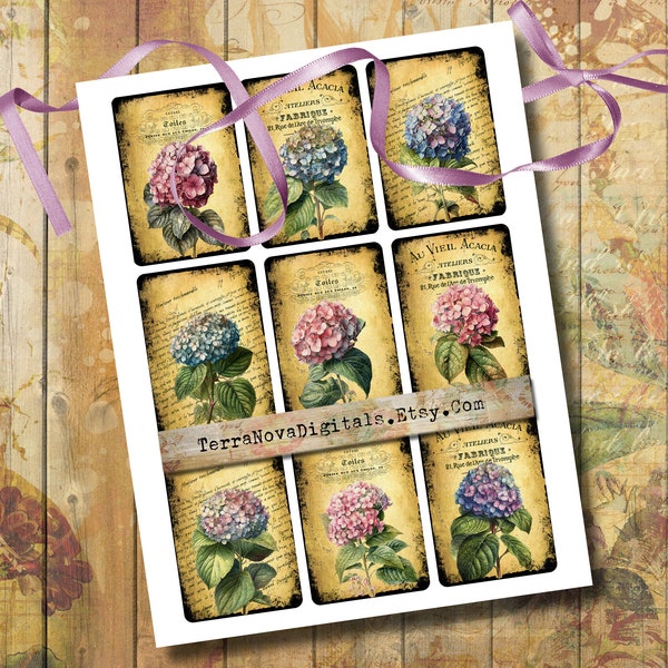 Grungy Vintage Hydrangeas Ephemera Digital Collage Sheet Cards - Rounded Corners / Journaling / Crafts 3.25 x 2.25" / Instant Download